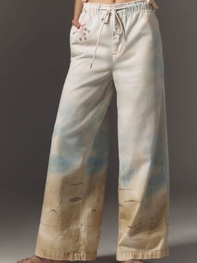 Anthropologie Wide-Leg Drawstring Pants in Yellow Pattern